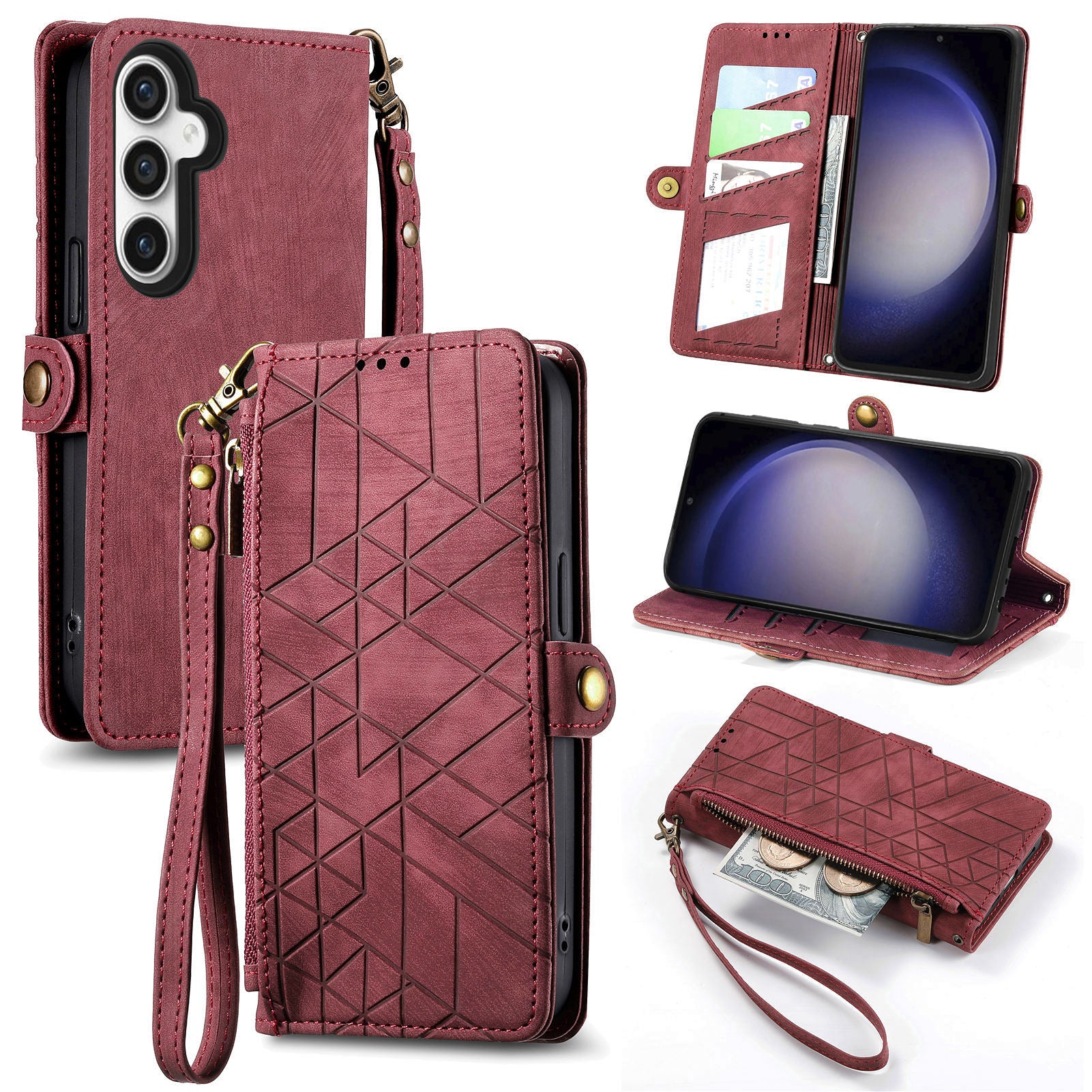 For Samsung Galaxy S23 FE PU Leather Phone Case Geometry Imprinted Wallet Zipper Pocket Stand Cover with Strap For Samsung Galaxy S23 FE PU Leather Phone Case Geometry Imprinted Wallet Zipper Pocket Stand Cover with Strap